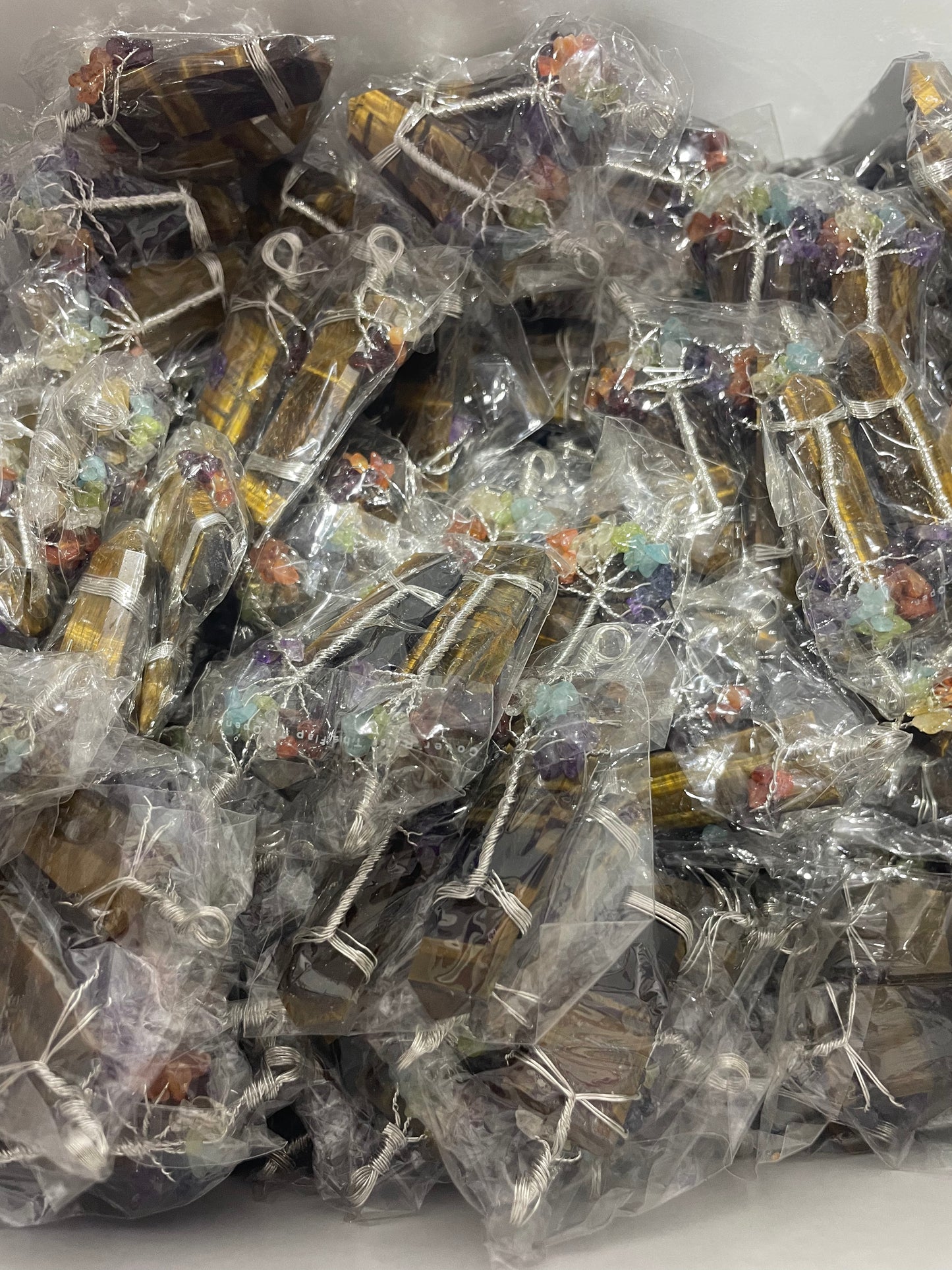 Silver Plated Tigers Eye Chakra Tree of Life Pendants (20pc Lot)