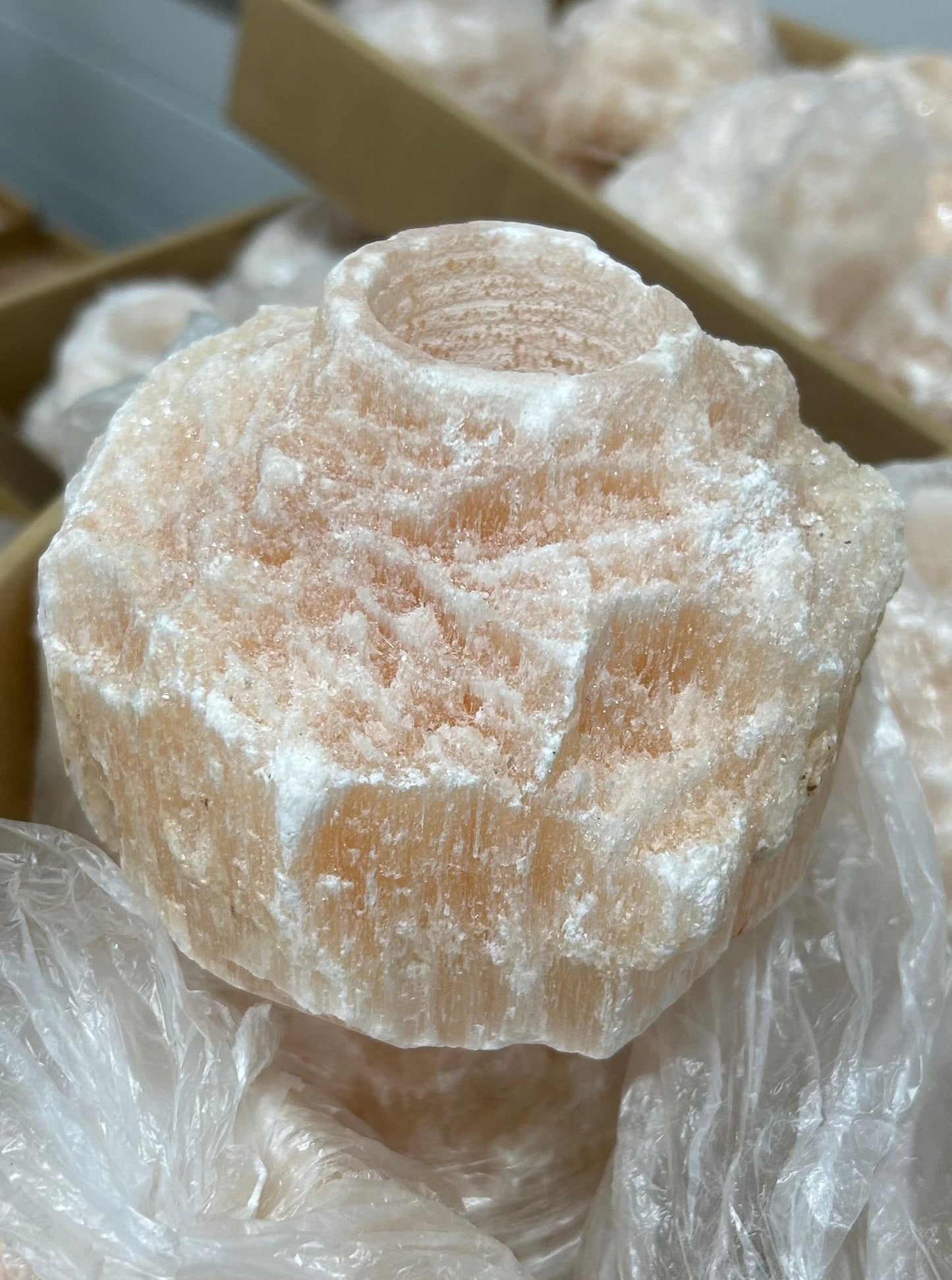 Rough Peach Selenite Candle Holder (Flat)