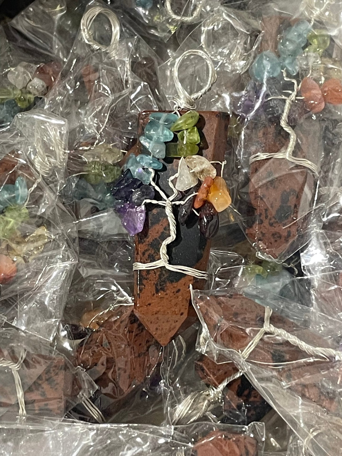 Silver Plated Mahogany Obsidian Chakra Tree of Life Pendants (20pc Lot)