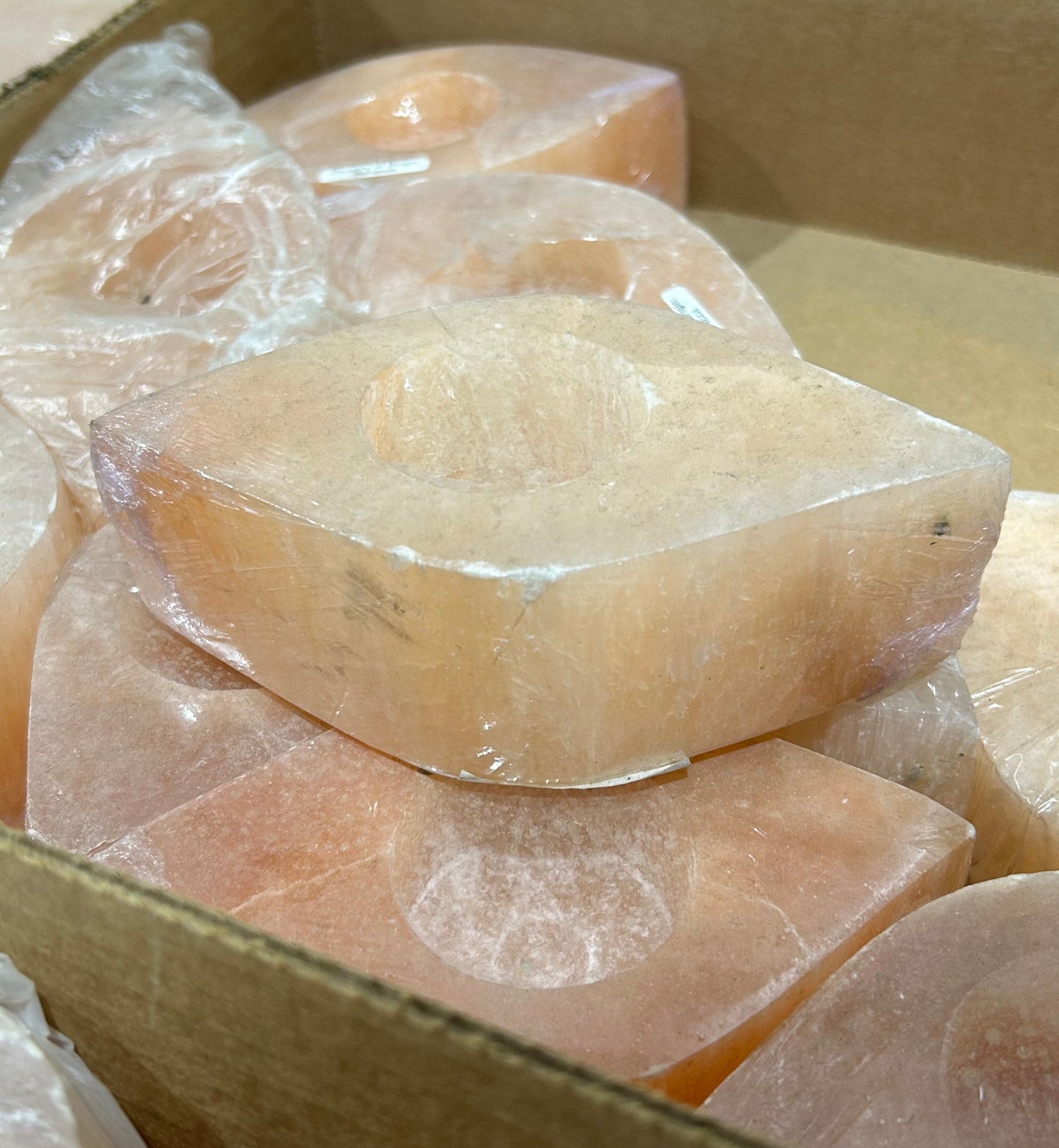Round Diamond Peach Selenite Candle Holder (Flat)